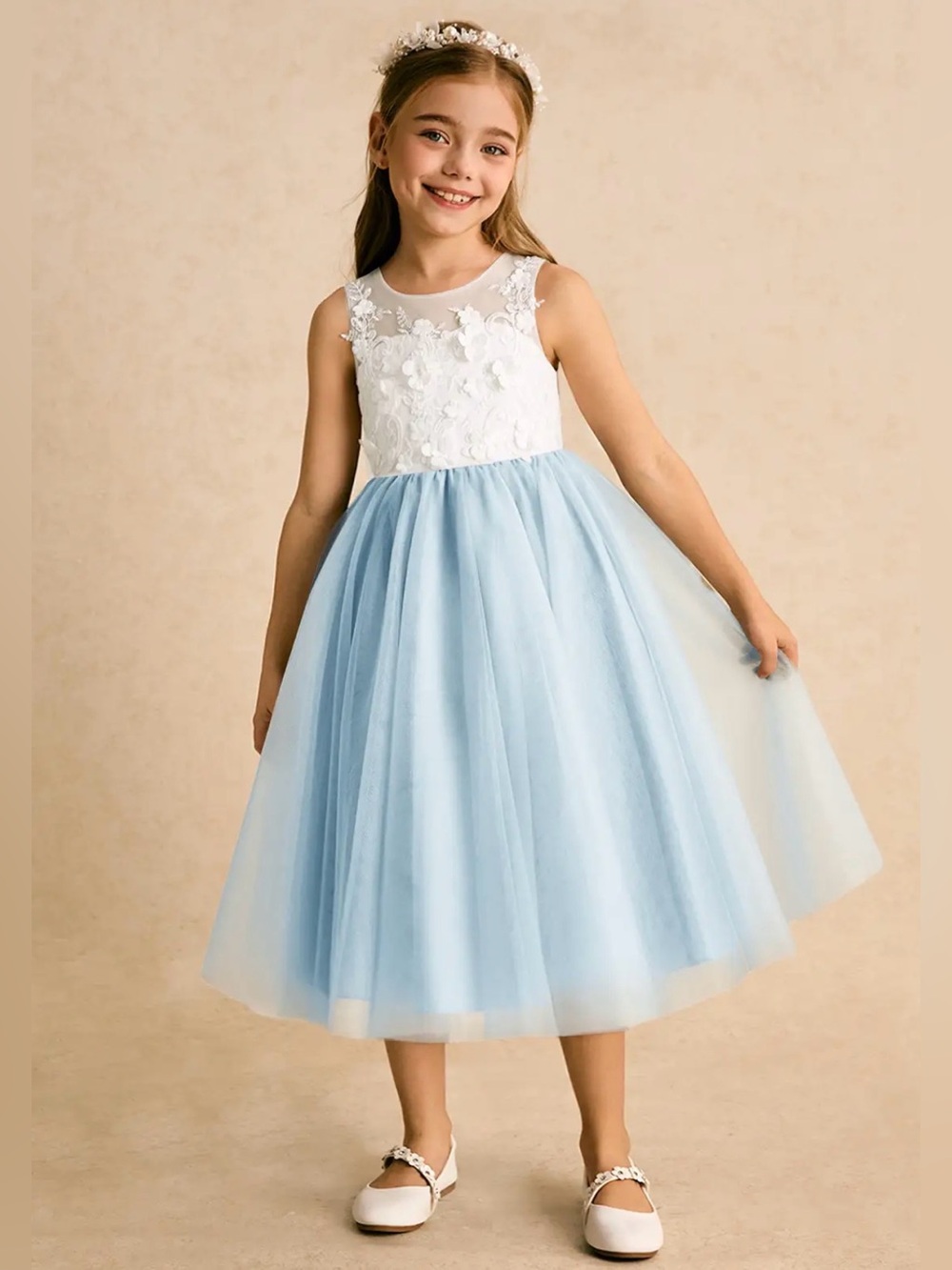 Azazie White and Light Blue Floral Appliqué Tulle Dress for Girls Flower Girl